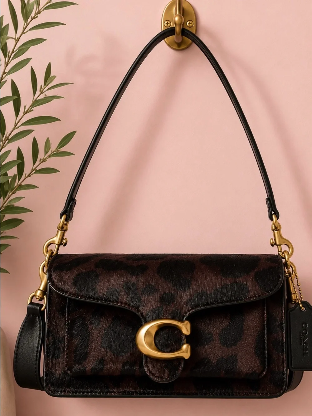 Coach Leopard-Print Shoulder Bag in Brown and Black with Gold Hardware